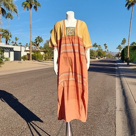 EGYPT Kaftan Maxi Dress XL Nightgown Batik Embroidered Egyptian Loungewear - Picture 3 of 15